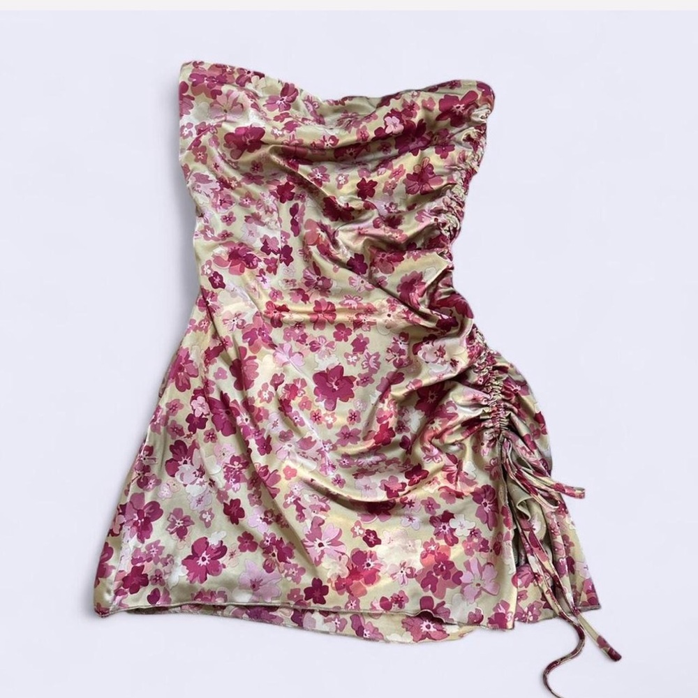 La Hearts Floral Satin Strapless Ruched Mini Dress - Pink & Green